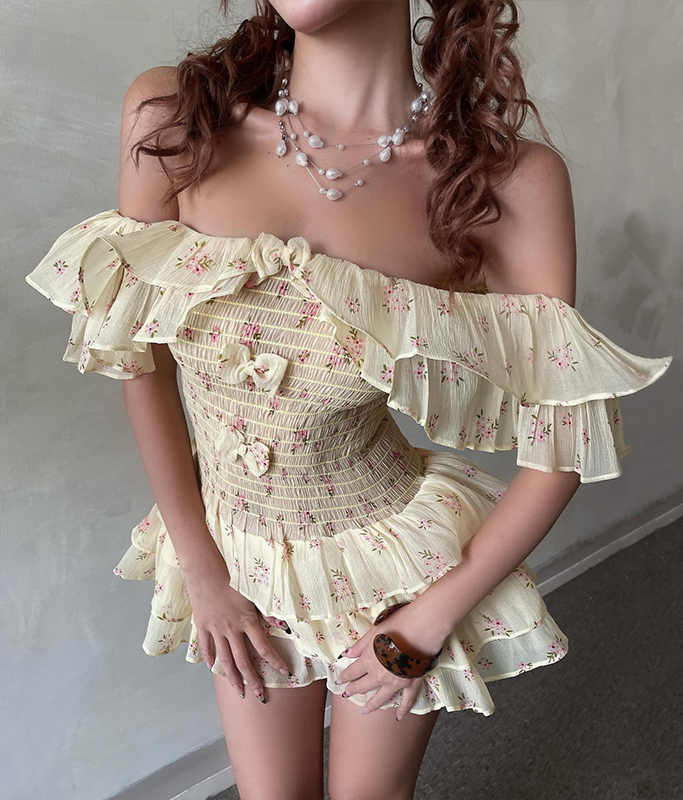 Yellow Floral Ruffled Off-shoulder Dress