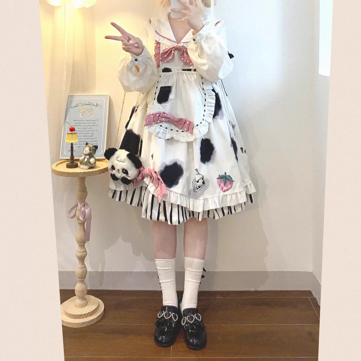 Last-chance HCLL Navy Peter Pan Collar Cute Polka Dot Bow Appliqué Cow Pattern Bib Apron Patchwork Striped Lolita Dress