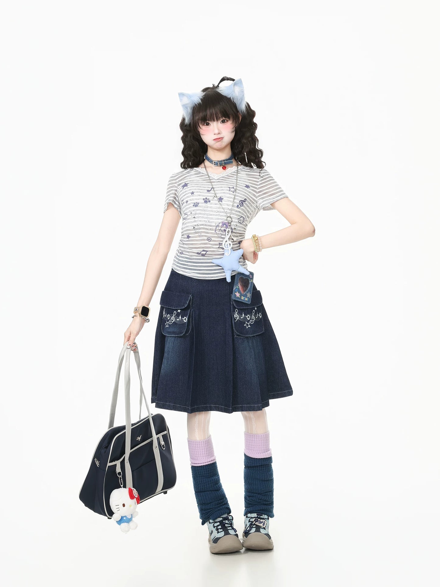 Blue Ghost Park Languid Park Embroidered Pocket Pleated Denim Midi Skirt for Women, Summer New Style