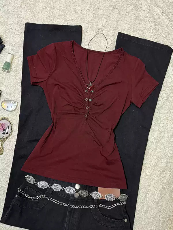 blue waisted V-neck T-shirt