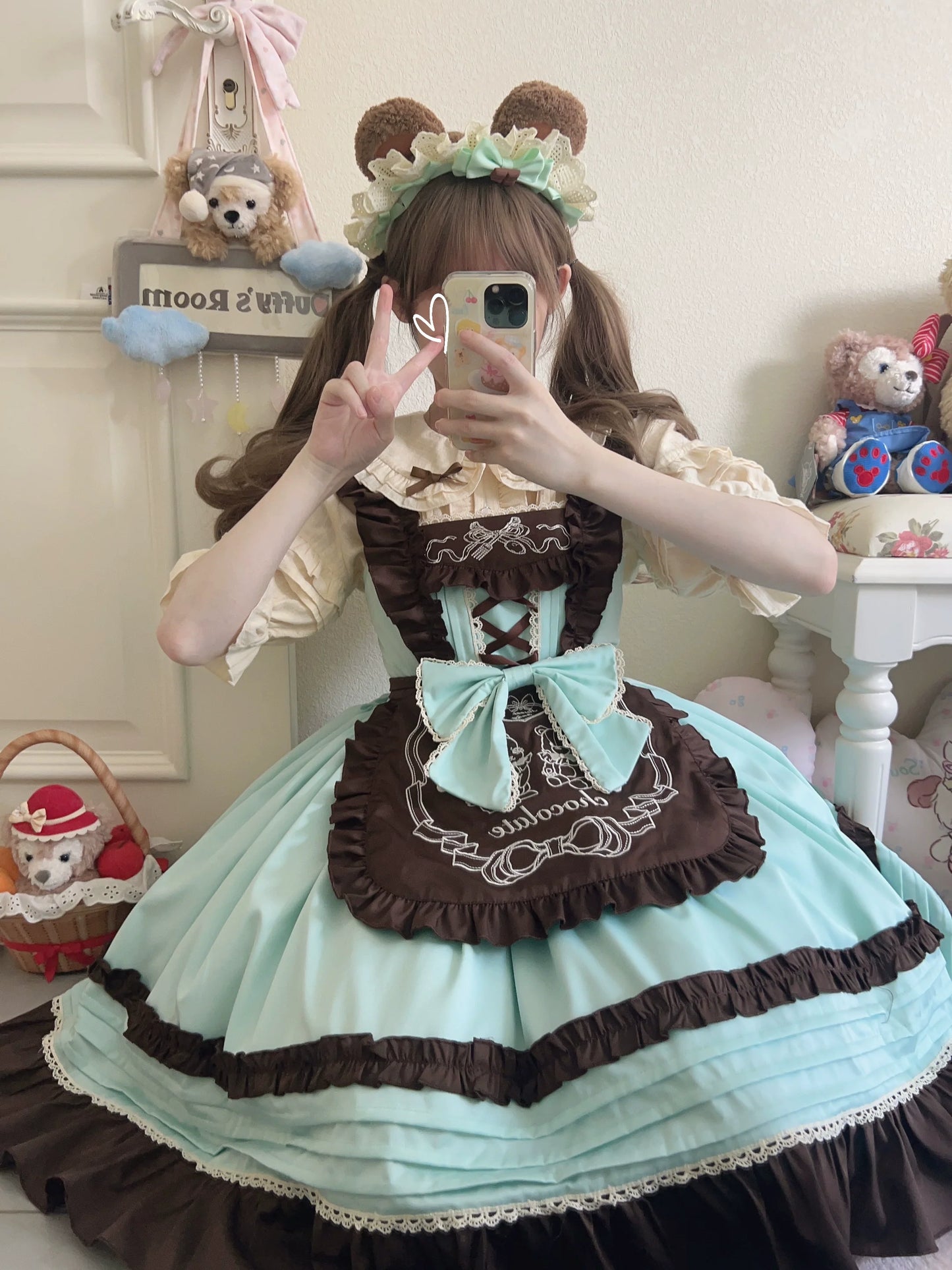 Sweet Lolita JSK with Detachable Apron Mint chocolate JSK + apron Only