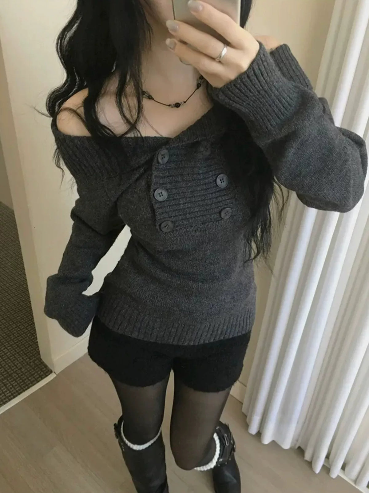 Women’s Ribbed Turtleneck Sweater | Korean-Inspired One Shoulder Knit Top with Double Button Detail