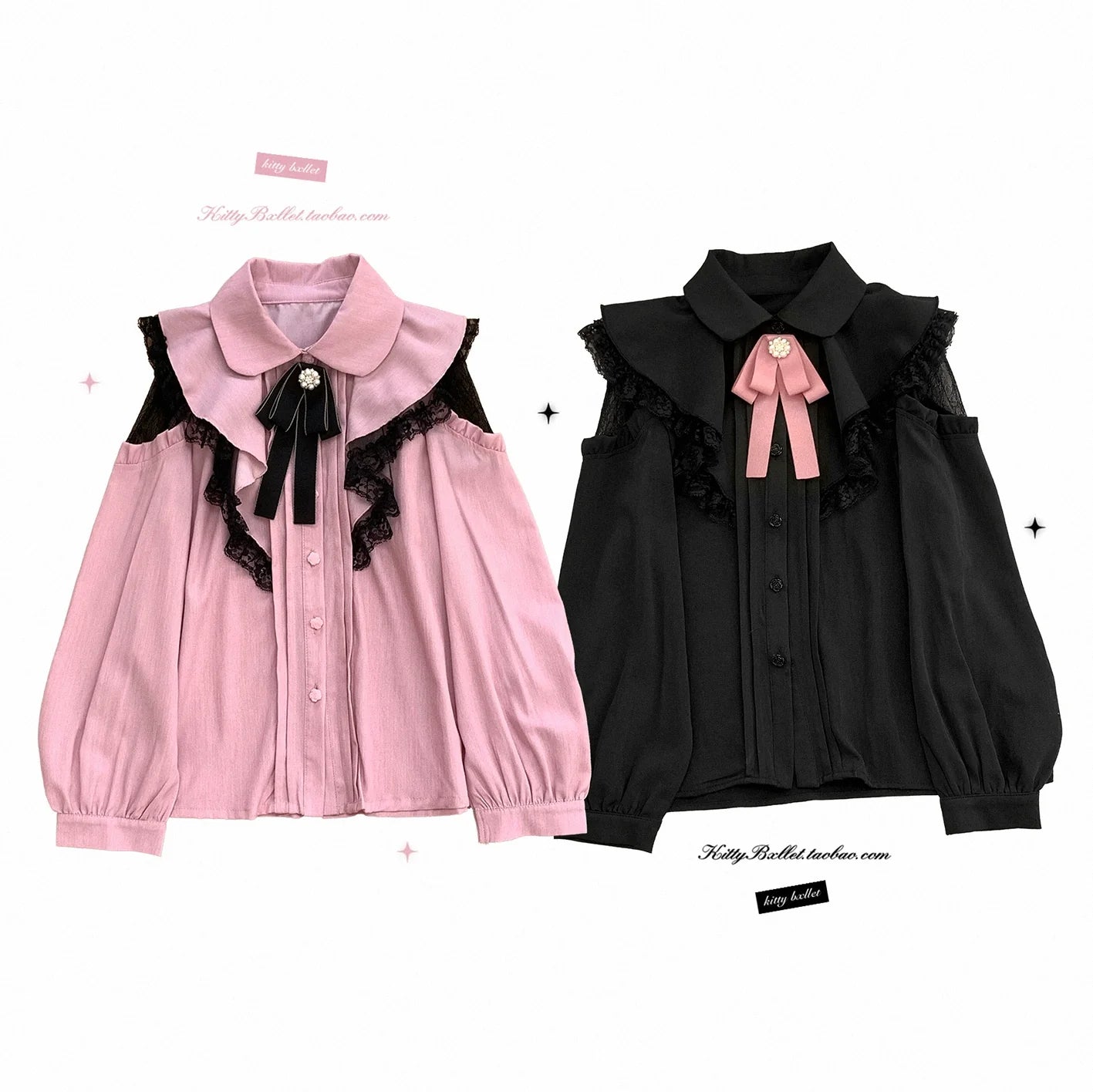 (BFM)KittyBxllet~Kuroneko~Jirai Kei Shoulder Open Ruffle Lace Long Sleeve Blouse