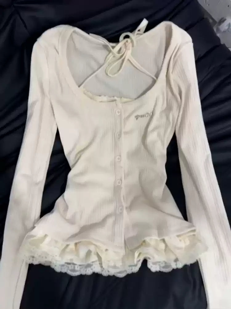 Korean gray fake two-piece lace long-sleeved Top