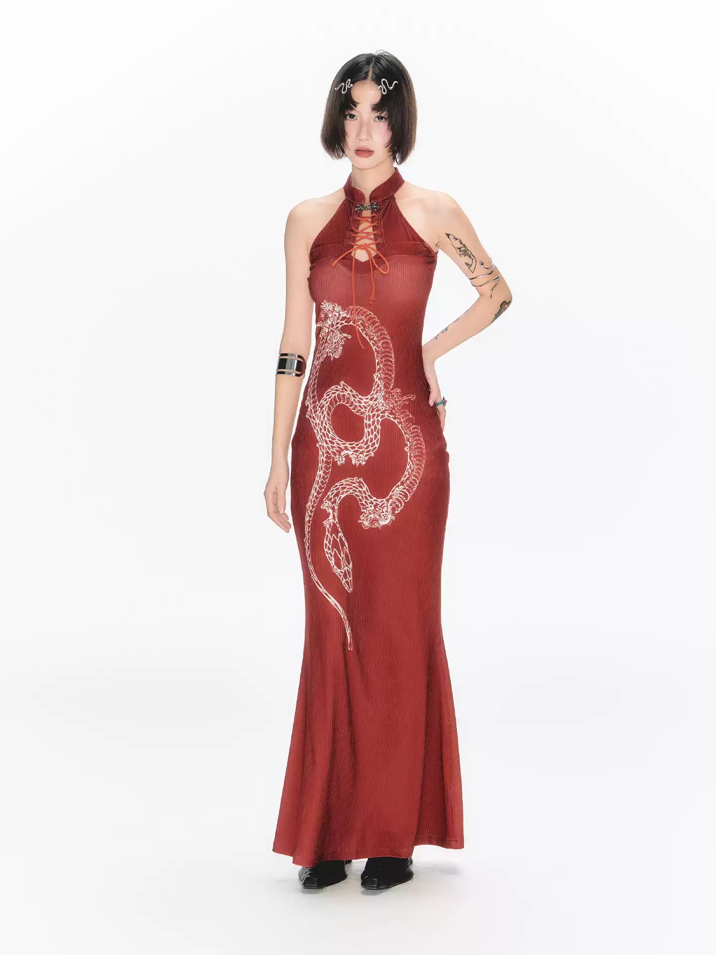 Butterfly & Snake Print Cheongsam Dress