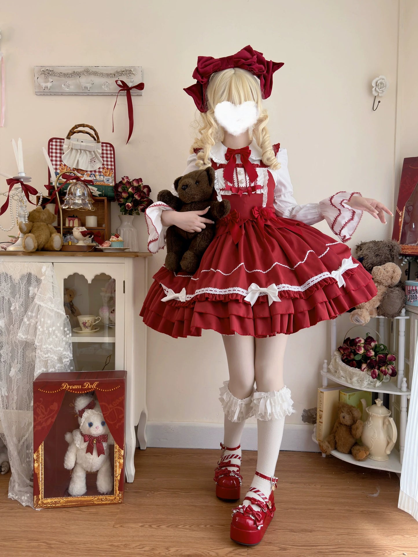 Sweet Lolita JSK Dress Summer Dress L Red JSK + brand carton box