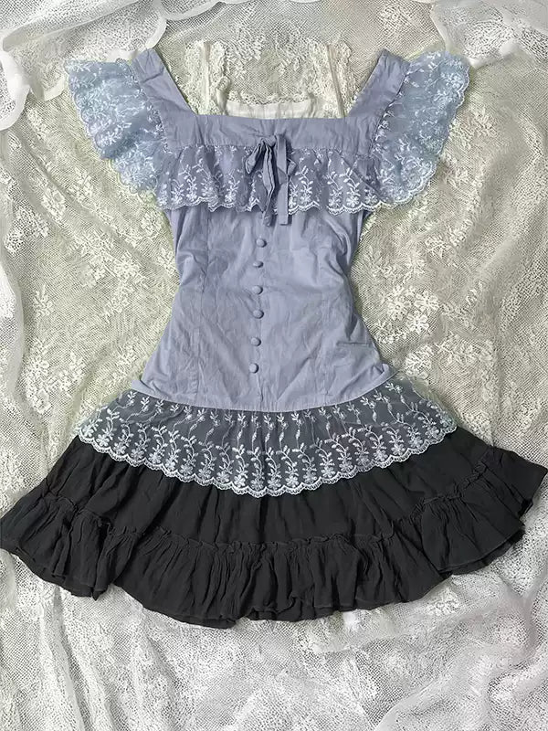 mint green lace patchwork square neck top