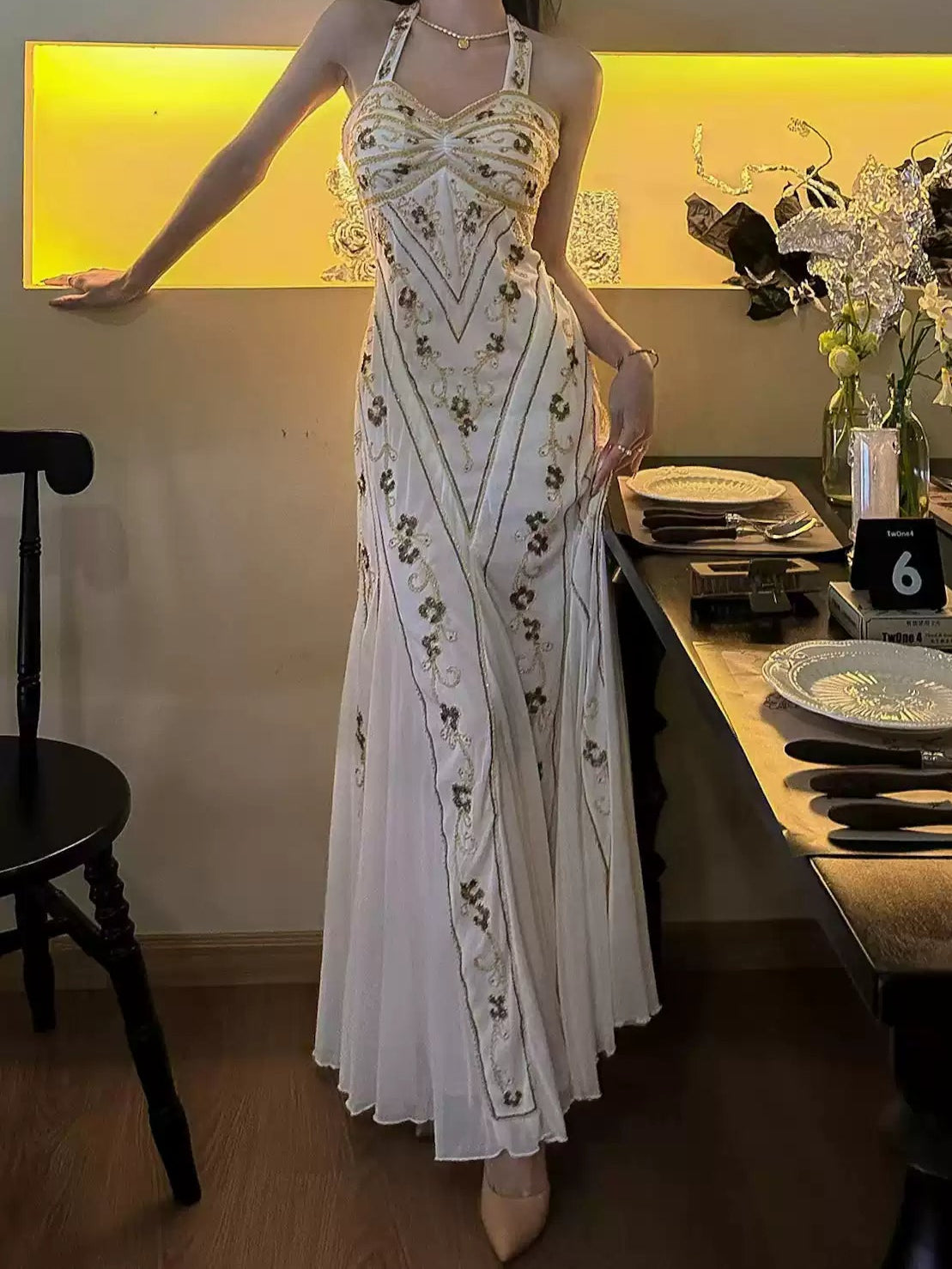 Vintage Embroidered Mermaid Backless Dress