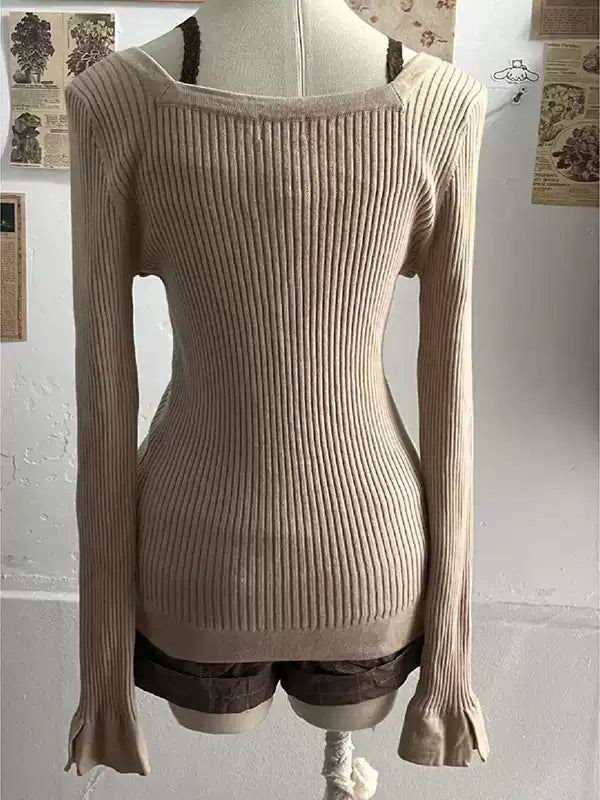 retro knitted khaki v-neck sweater