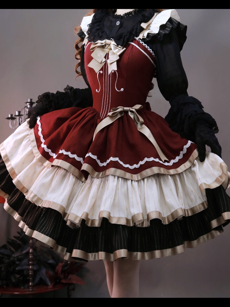 Cello Vintage Elegant 3 Tiered Lolita Jumper Dress wine red cello JSK