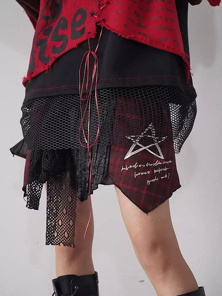 Red and black spliced irregular plaid skirt