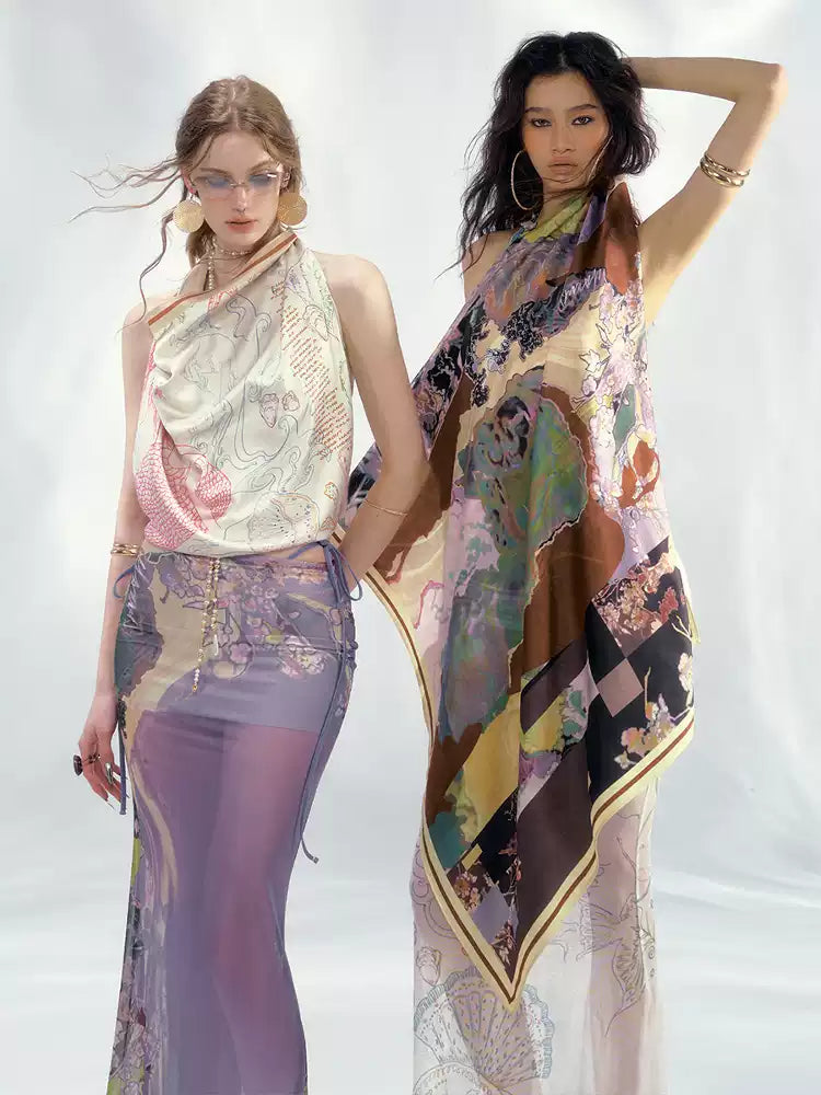 Hand-painted Vintage Satin Square Scarf Tube Top
