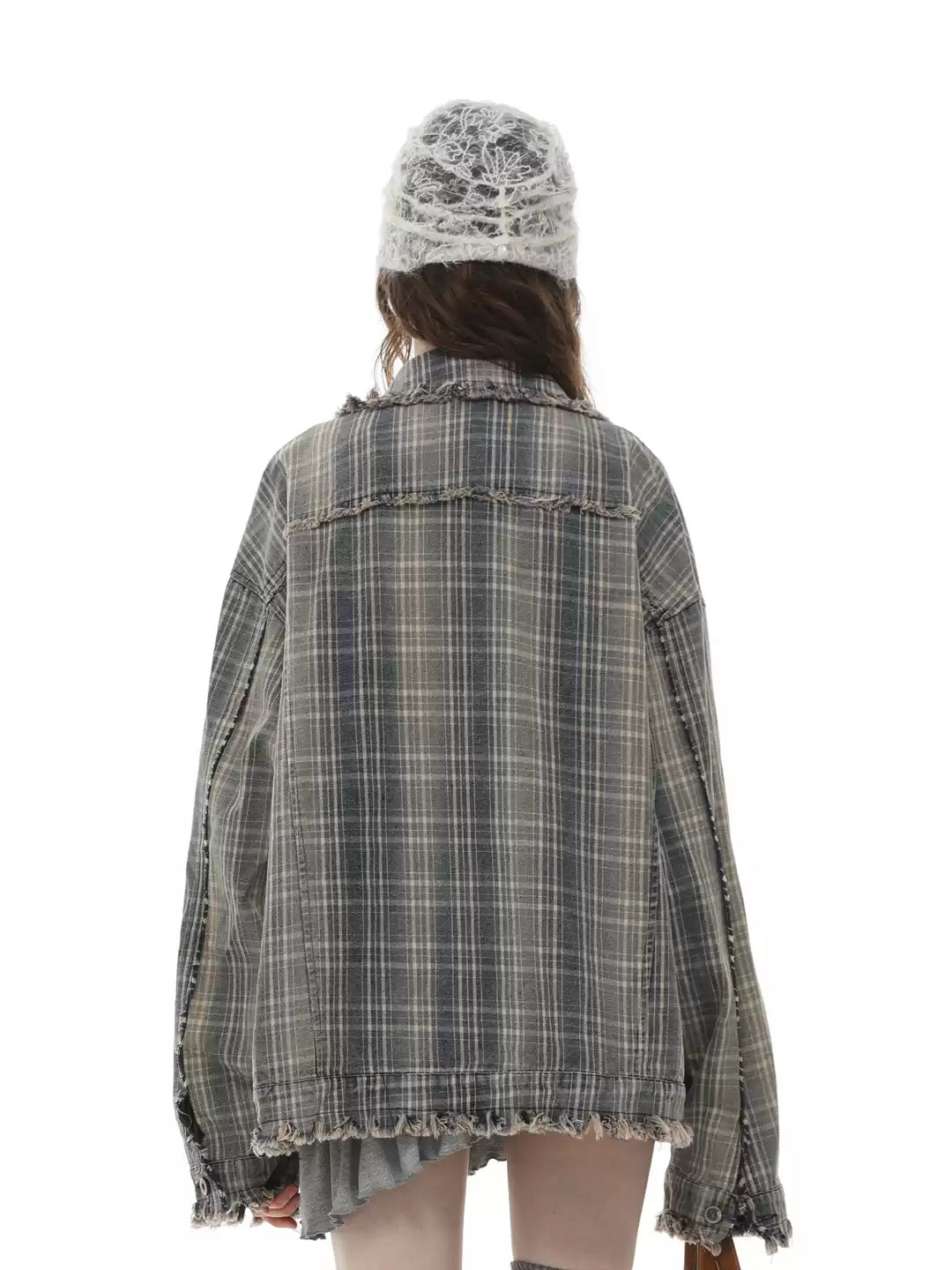 American retro washed tassel raw edge plaid jacket