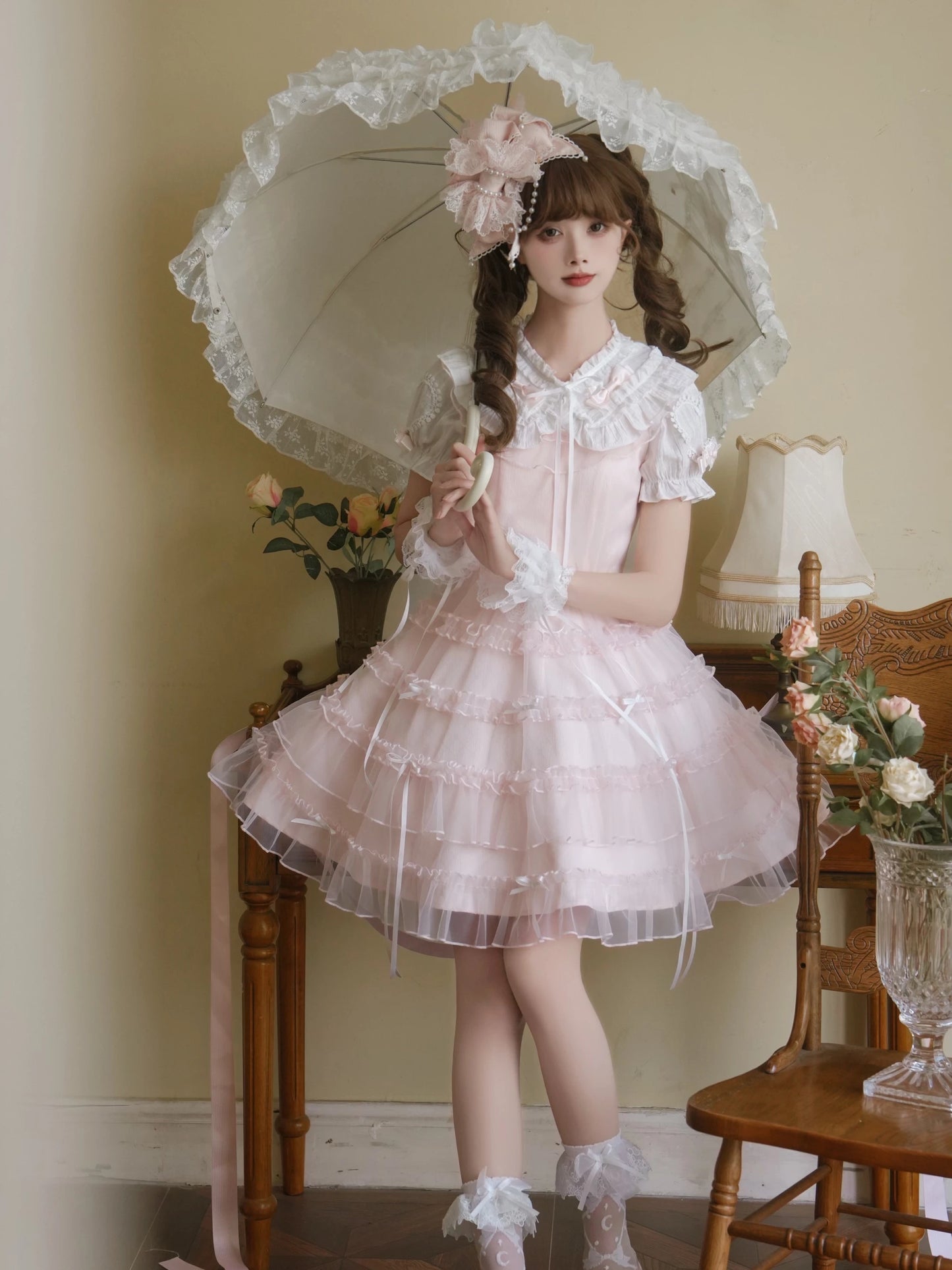 LaLa Sauce “Cherry Blossom Qu” Vintage-Inspired Heavy Craftsmanship Cute Doll Collar Dress Sweet Princess Dress Skirt Set