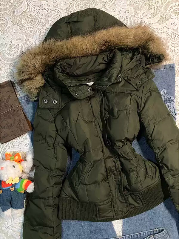 green fur collar hooded cotton jacket
