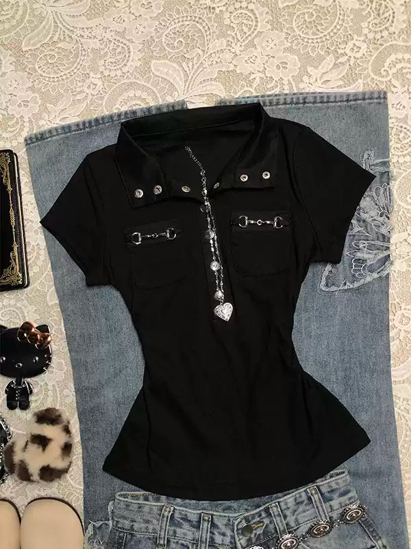 Black Polo collar short-sleeved T-shirt