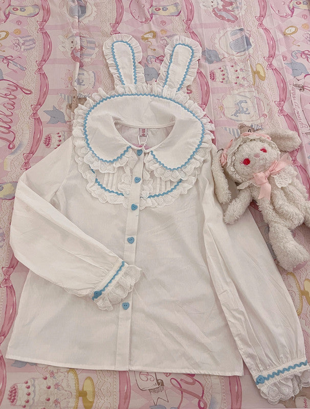 Cute Lolita Cat Printed Sweet JSK Dress long sleeve rabbit ears blouse (blue)