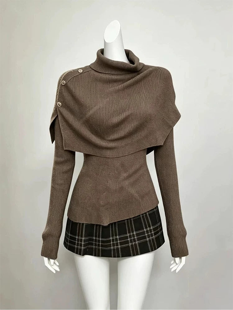 Maillard-Style Turtleneck Knit Top and Plaid Mini Skirt Two-Piece Set for Women, Flattering Slim Fit, Chic Korean-Inspired Autumn/Winter Outfit