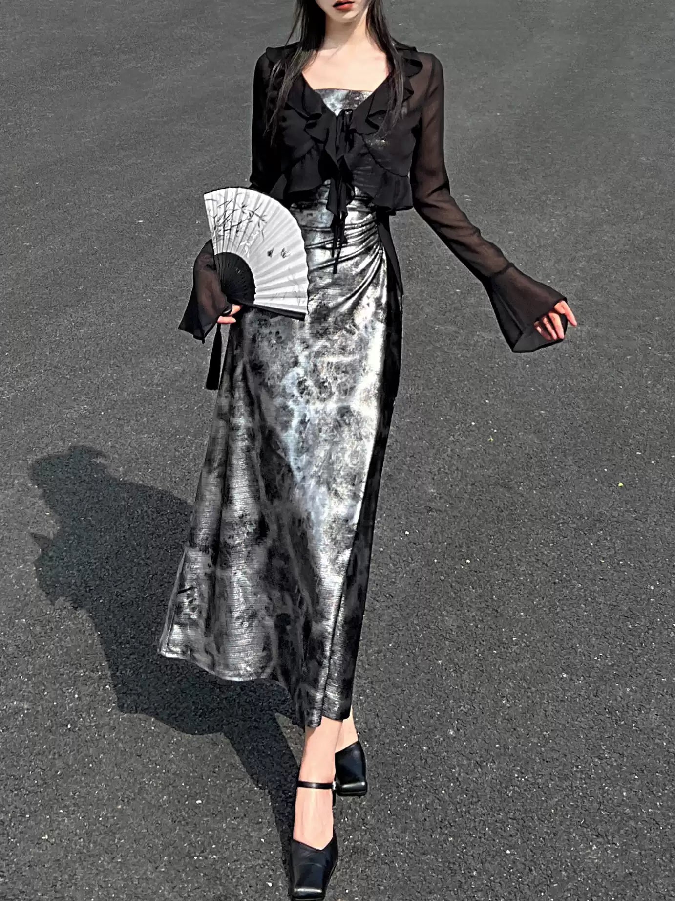 Chinese Style Shiny Silver Suspender Dress