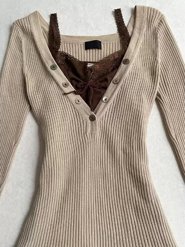 retro knitted khaki v-neck sweater