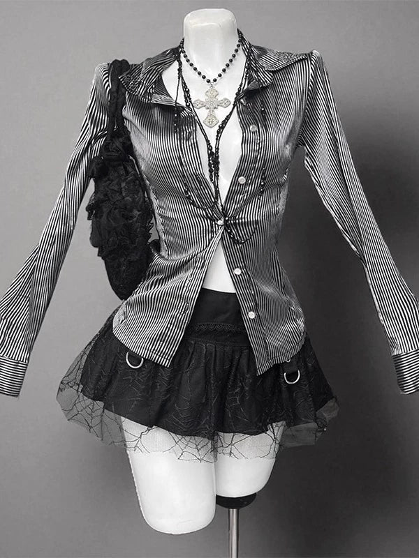 Gothic style suit striped lace waist shirt