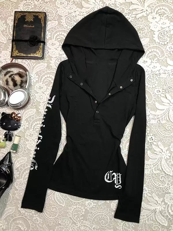 Black letter hooded sweatshirt jacket
