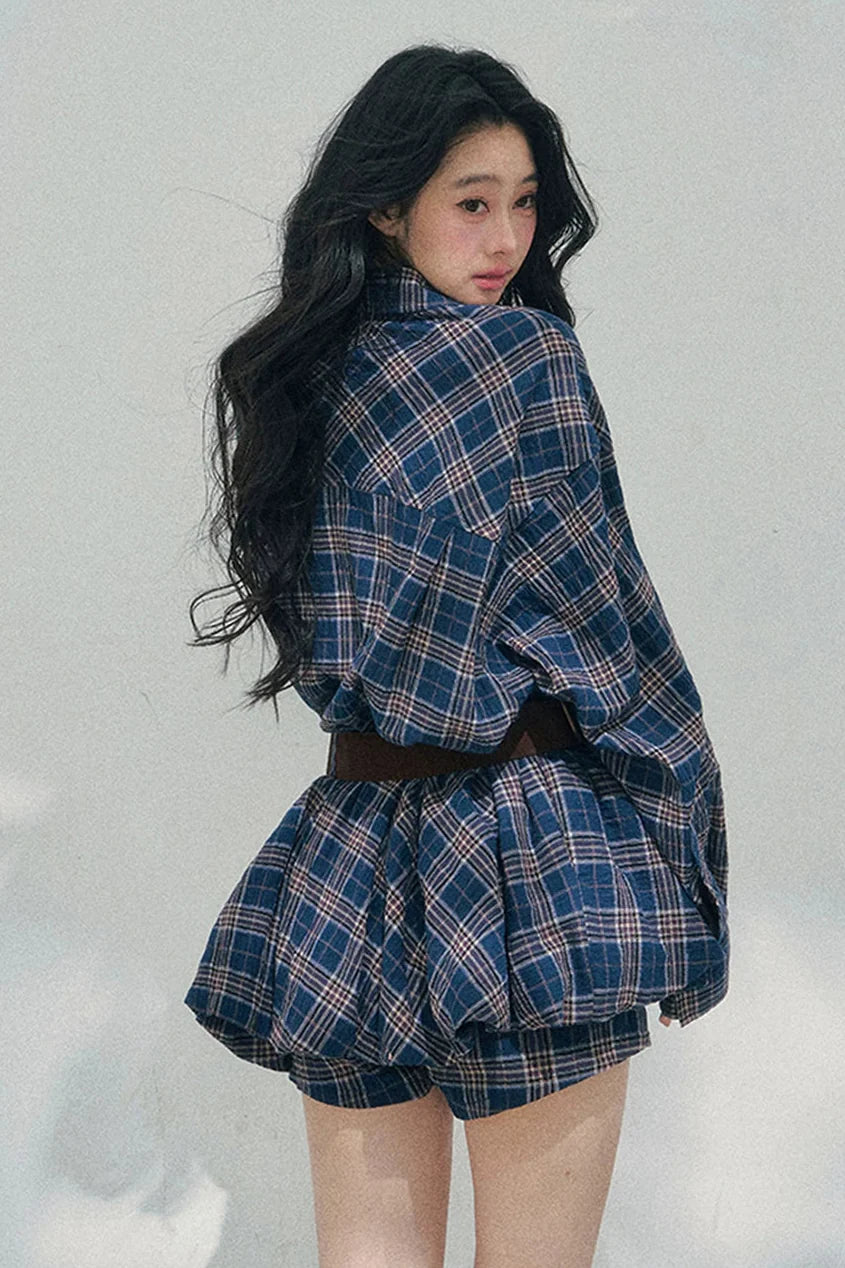 American Polo Collar Check Dress + Pants + Belt