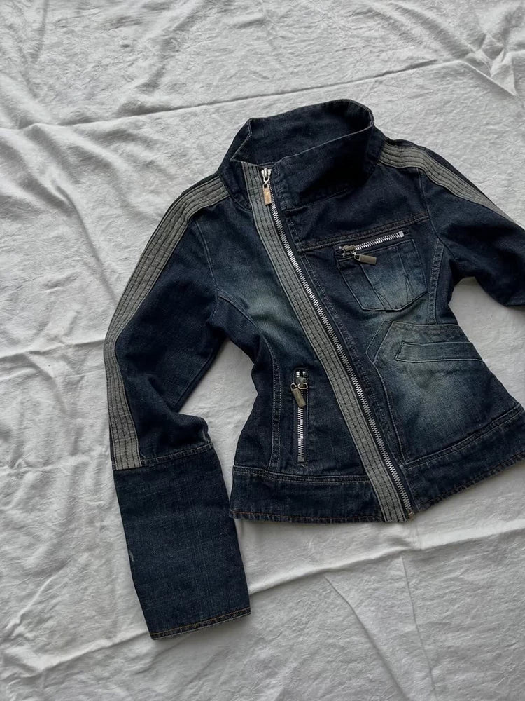 Half Peach Original Vintage Blue Contrast-Panel Zipper Slant-Front Design Denim Jacket with Stand Collar for Autumn Women