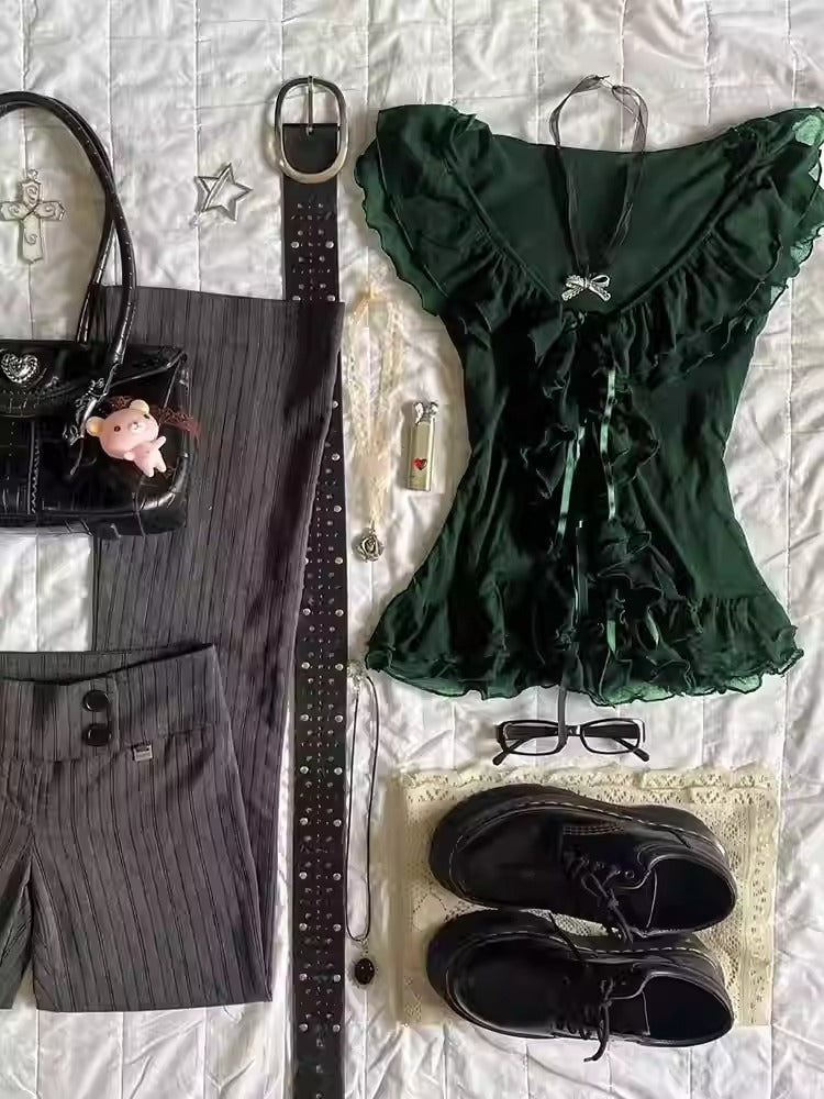 Dark green lace V-neck top one set(top+pant+bag)
