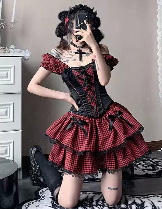 Plaid corset straps slimming dress