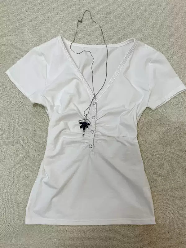 blue waisted V-neck T-shirt