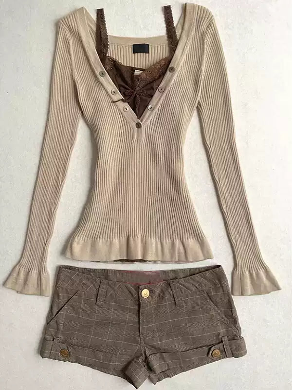 retro knitted khaki v-neck sweater