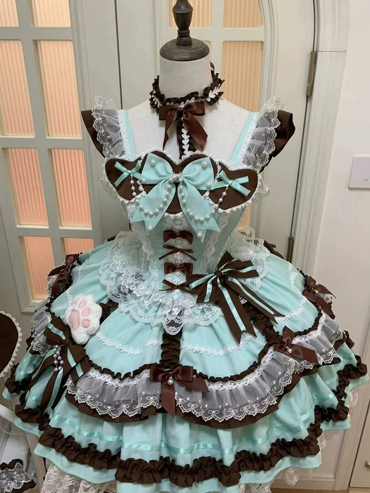Mint Chocolate Sweet Lolita Dress with Cute Train, Bow Details & Princess Lace Up Chiffon Style