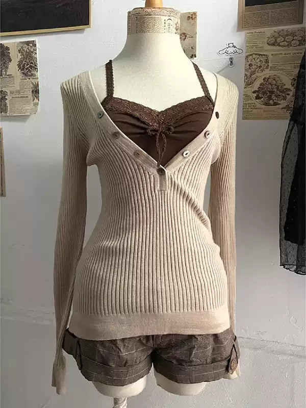 retro knitted khaki v-neck sweater