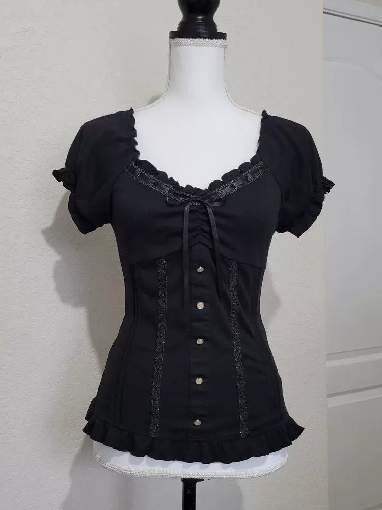 Black lace puff sleeve T-shirt