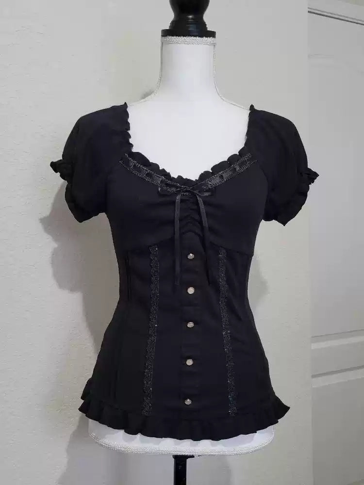 Black lace puff sleeve T-shirt
