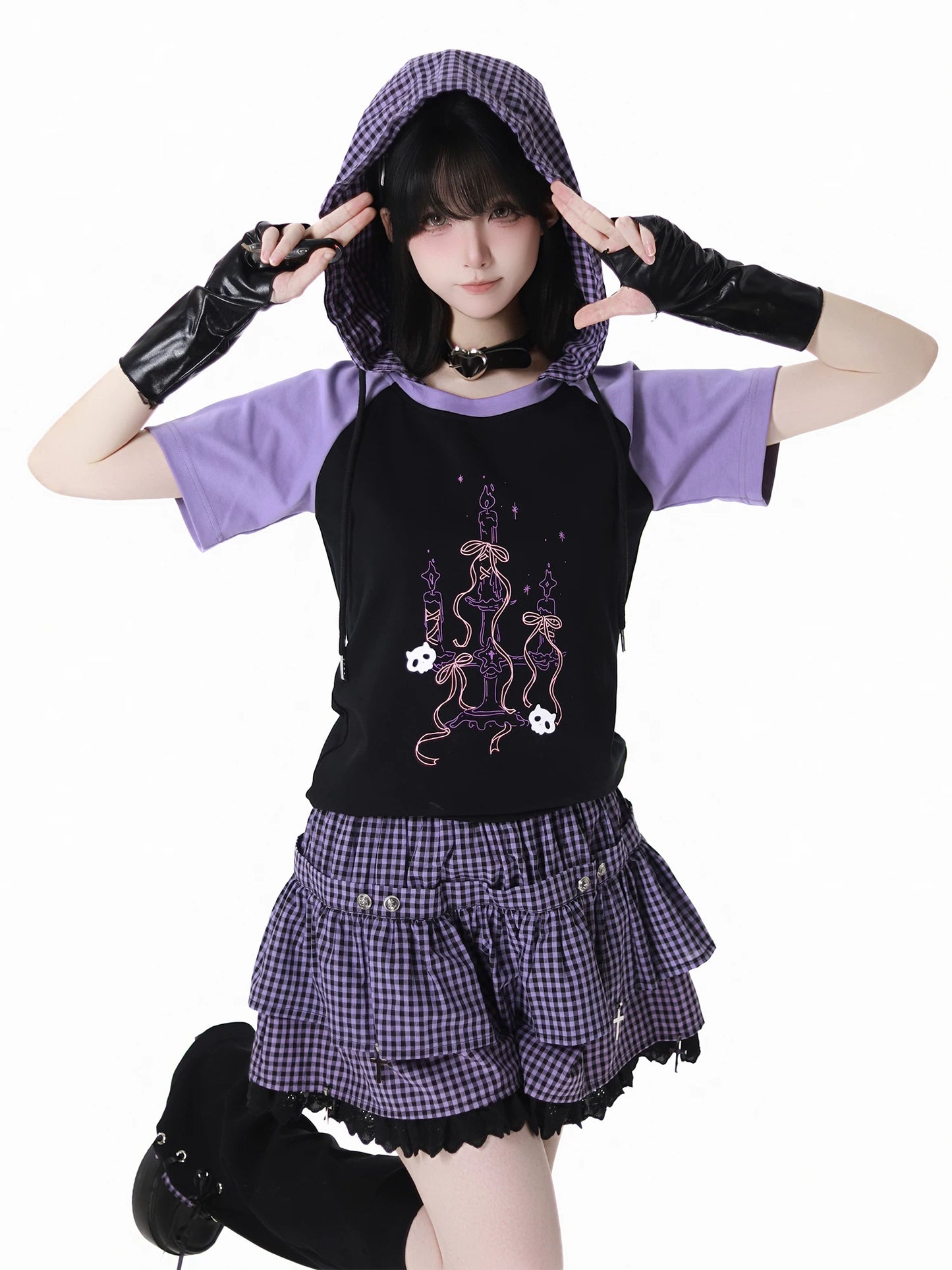 Ready Stock & Fast Shipping 【Interwoven Dreamscape】 Purple Grid Summer Waist-Cinching Color-Block Slimming Cute Short-Sleeve Two-Piece Set