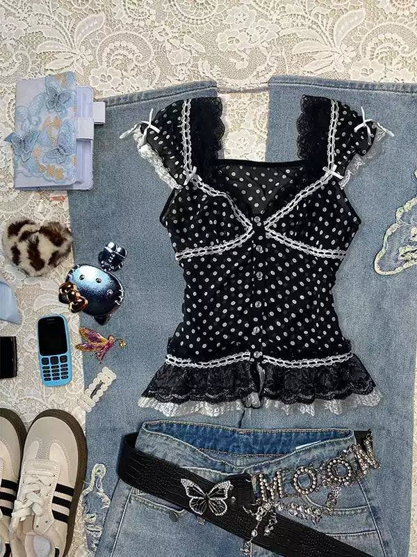 Dark Coquette Lace Polka Dot Chiffon Shirt