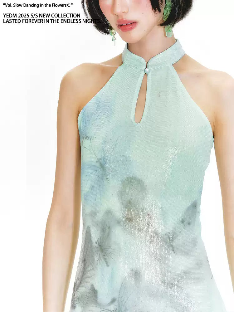 Butterfly Print Halter Neck Qipao Dress