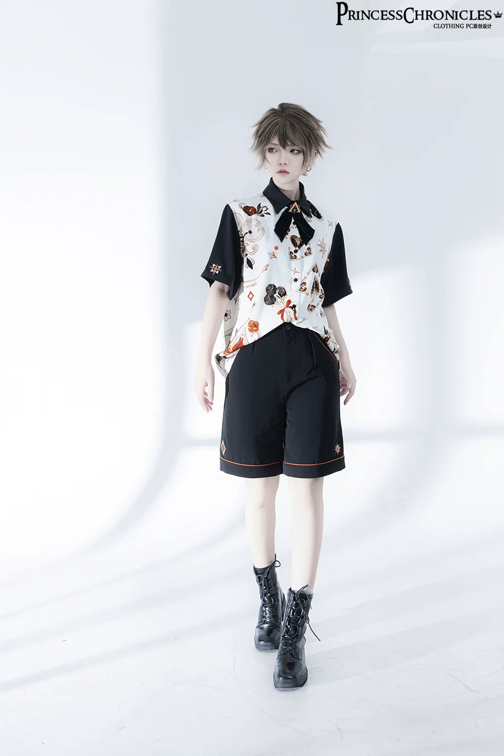 Retro Ouji Lolita Shirt Floral Short Sleeve Shirt and Embroidered Black Shorts