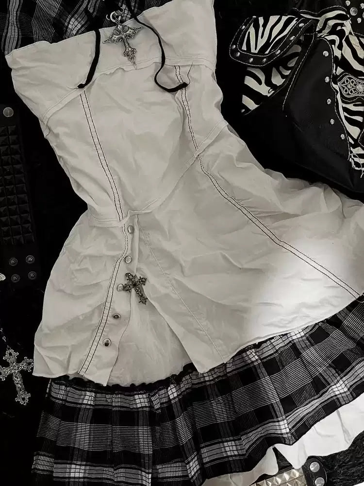 Retro Black Plaid Suspender Dress