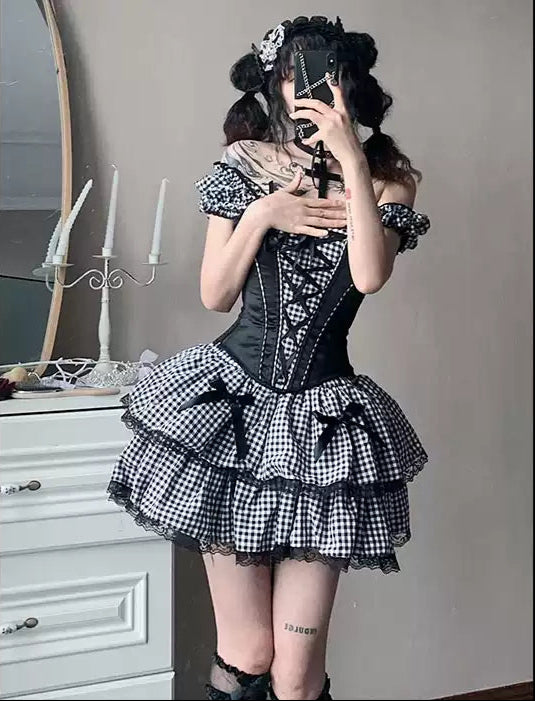 Plaid corset straps slimming dress