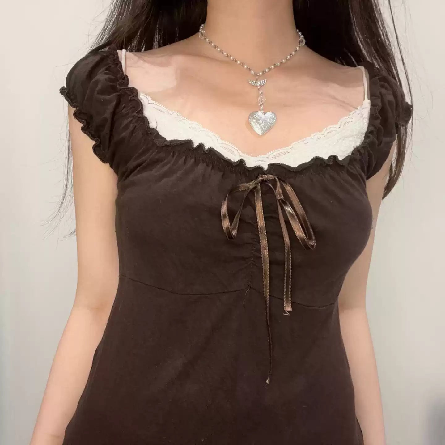 Fairy Grunge Bow-trimmed Fake Two-piece Top