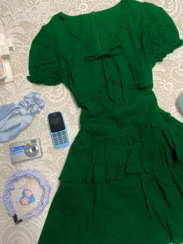 Green v-neck bow shirt dress