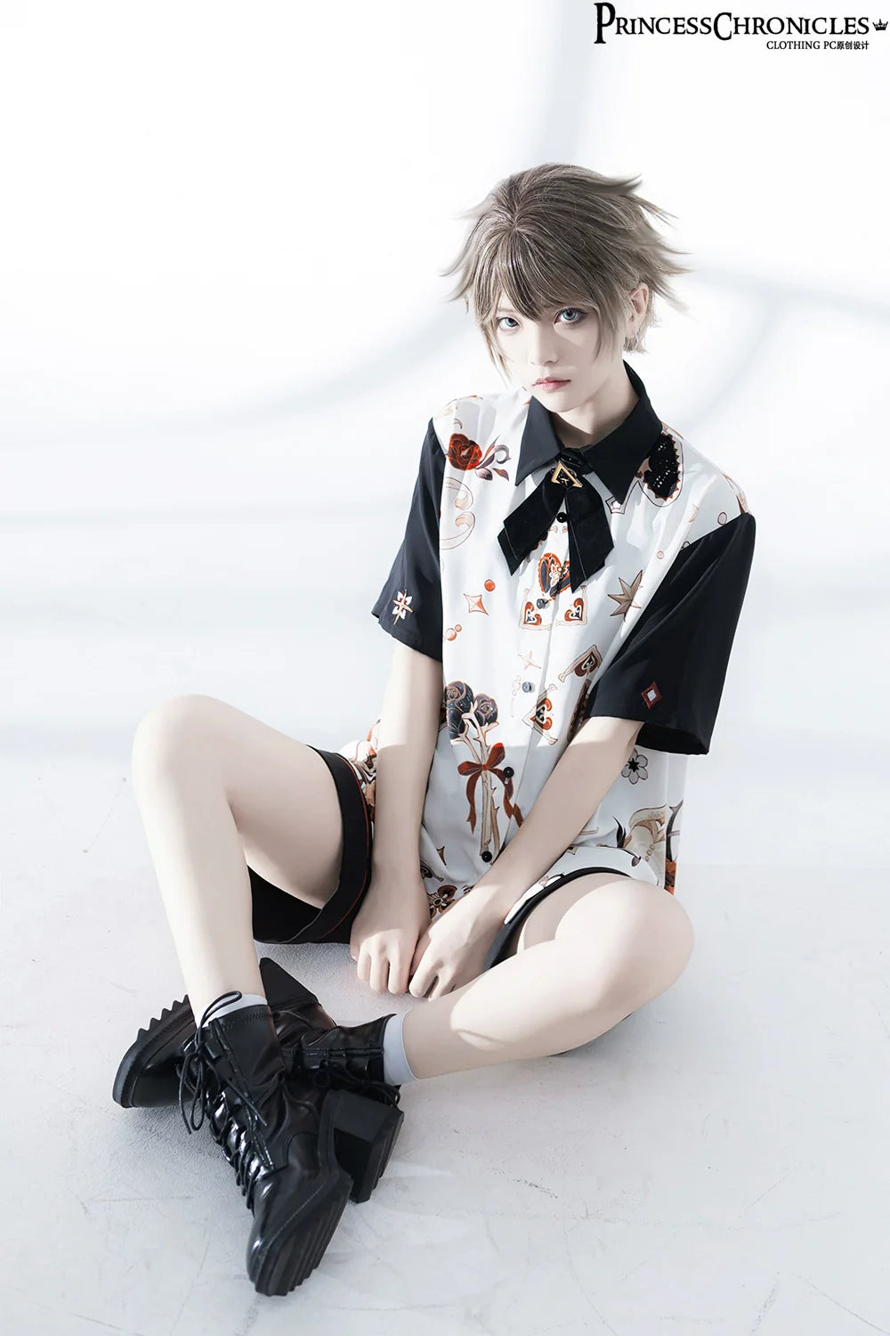 Retro Ouji Lolita Shirt Floral Short Sleeve Shirt and Embroidered Black Shorts