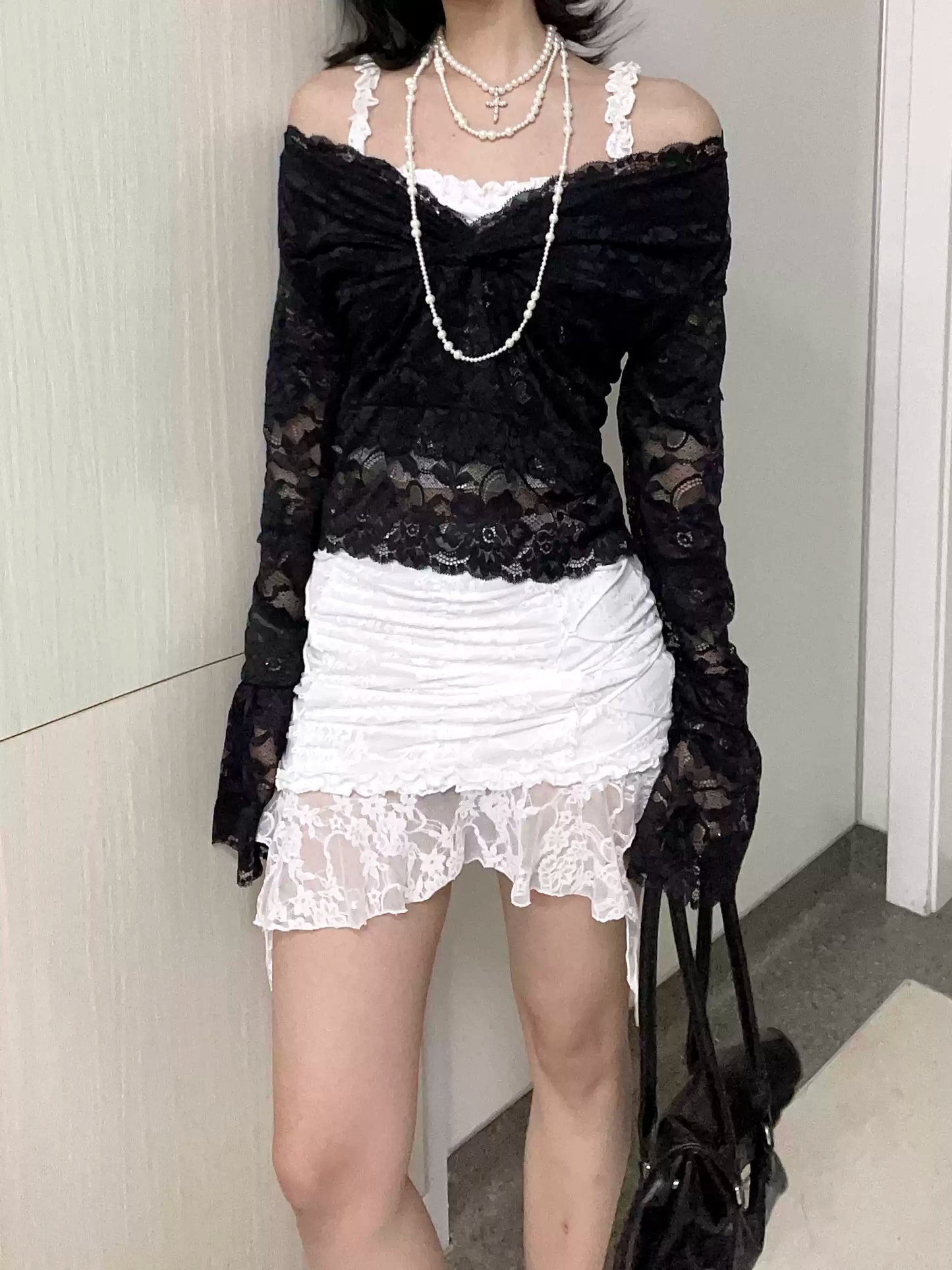 goth starry style lace long-sleeved top