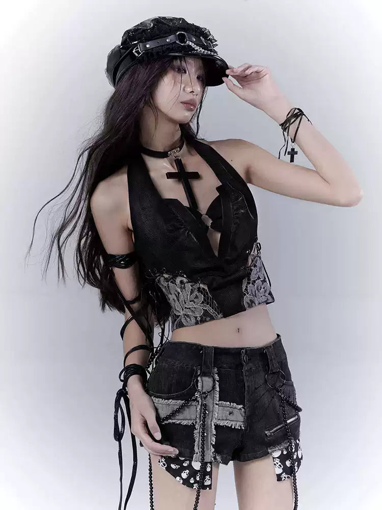 Grunge Lace Stitching Leather Tank Top