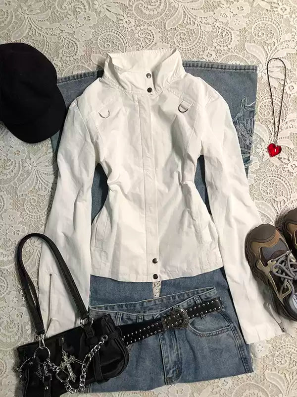 White stand-up collar long-sleeved shirt