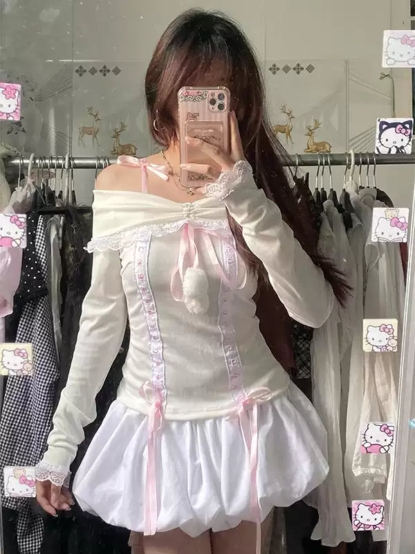 Bow Off-shoulder Long-sleeved Top
