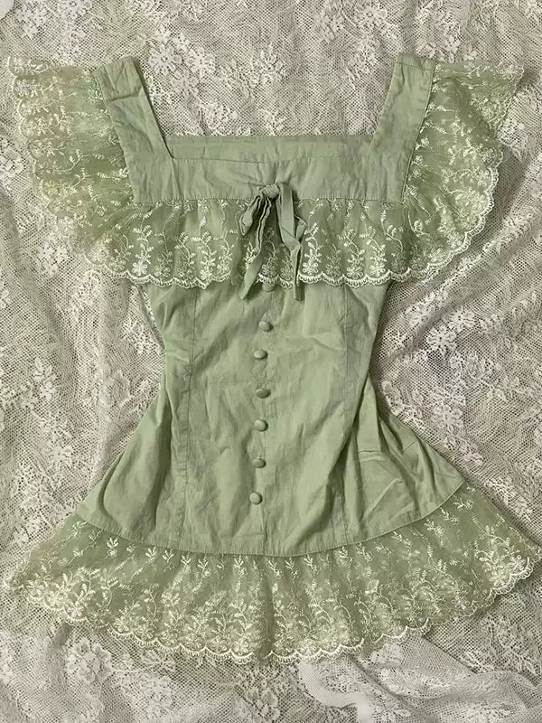 mint green lace patchwork square neck top
